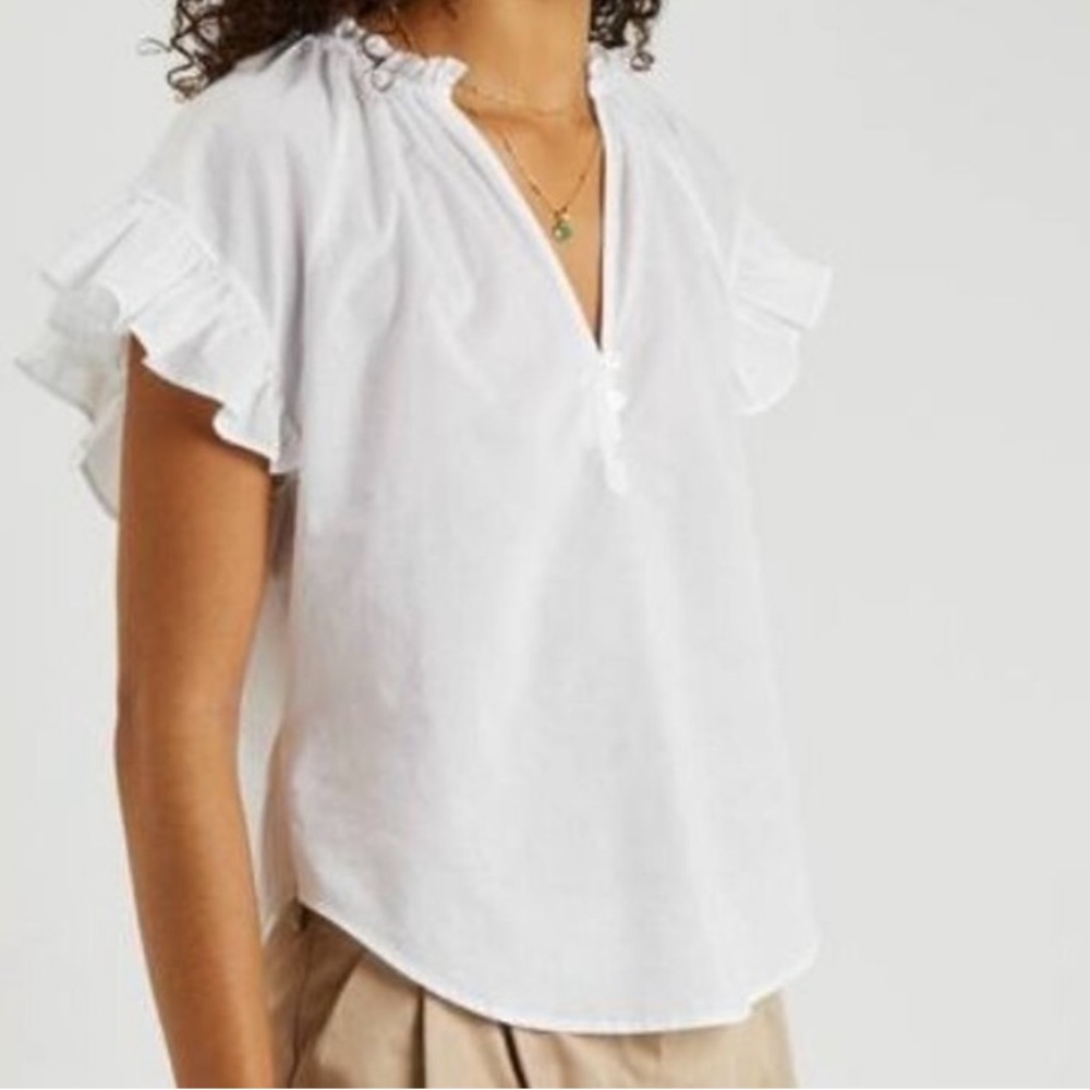 Veronica Beard White Ruffle Sleeve Button-Front summer Blouse top
